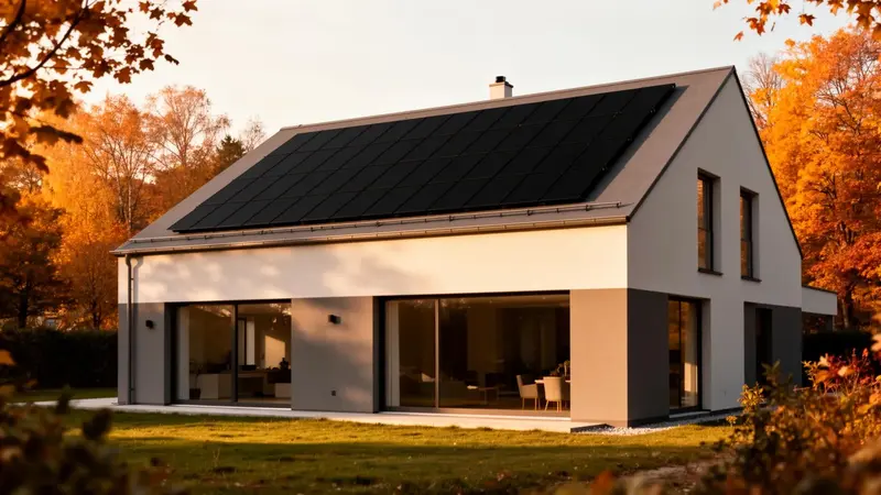 Modernes Einfamilienhaus mit schwarzer Photovoltaik-Anlage am Dach im Abendlicht