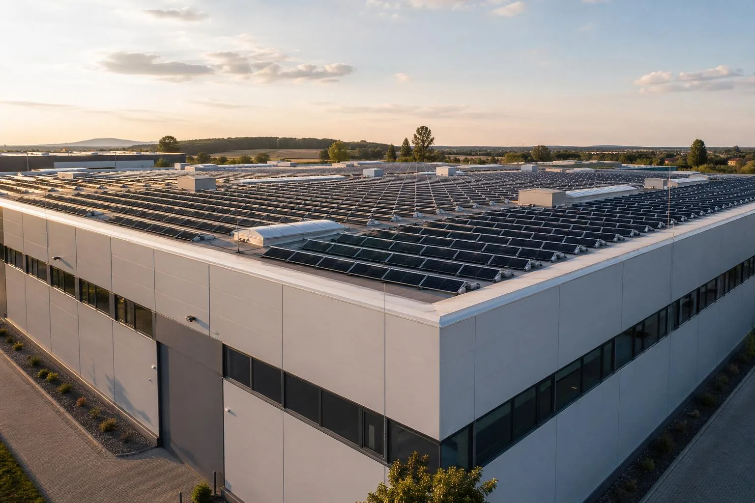 Industriehalle mit großflächiger Photovoltaik-Anlage am Dach